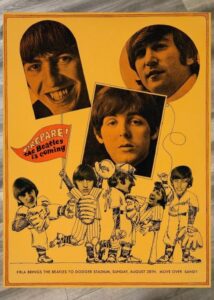 Poster for the Dodger stadium Beatle concert with images of George Harrison, John Lennon and Paul McCartney. Ringo Starr is shown in cartoon images.