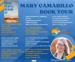 list of events for book tour, copy of book cover, photo of author, gray haired woman with glasses