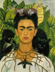 self portrait of frida kahlo wearing white dress with black bird necklace