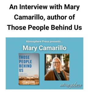 photo of book cover of Those People Behind Us and photo of the author (grey haired woman in glasses wearing a brown sweater and a green scarf.