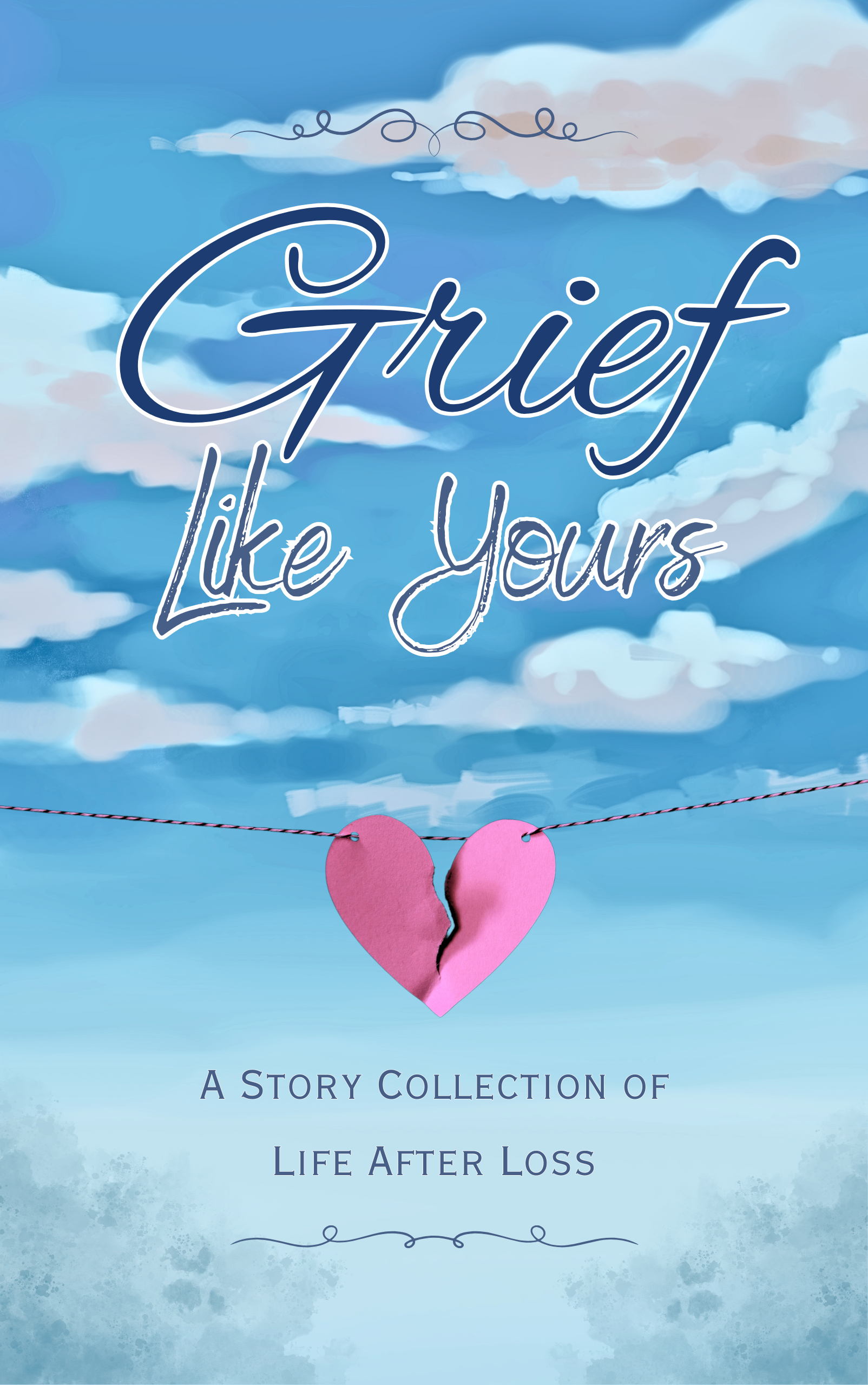 blue sky with clouds and a pink broken heart with the book title