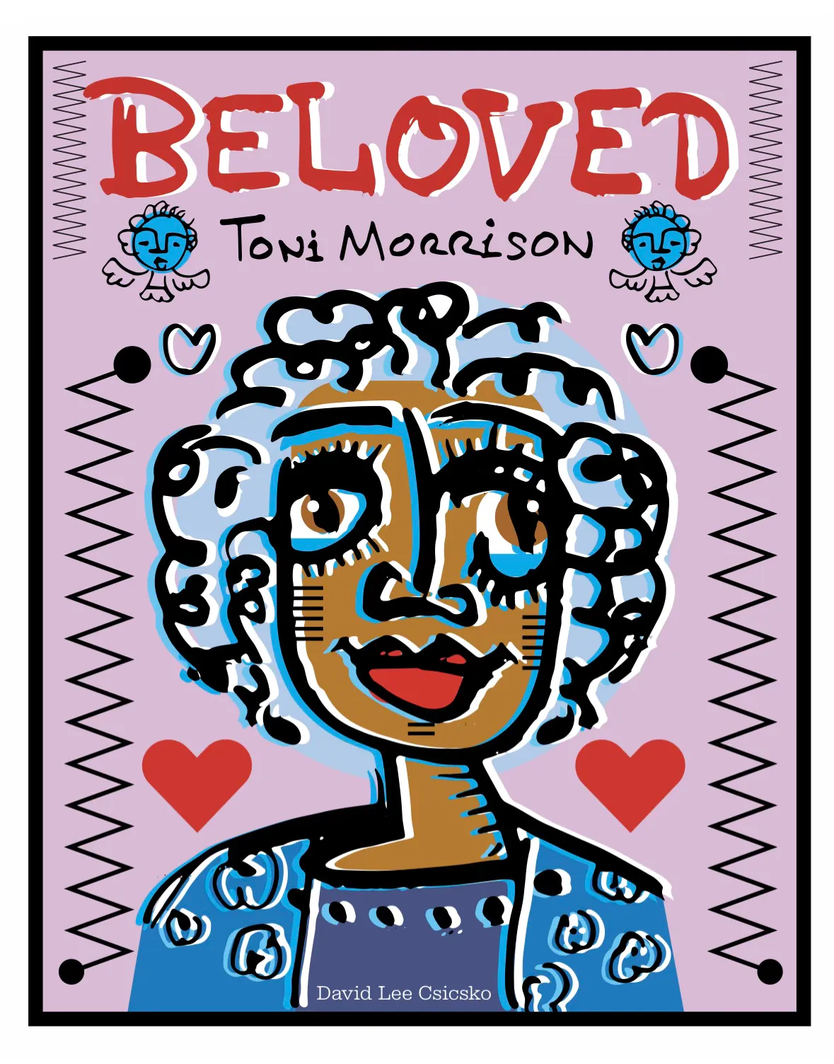 Drawing of woman with curly hair and red hearts